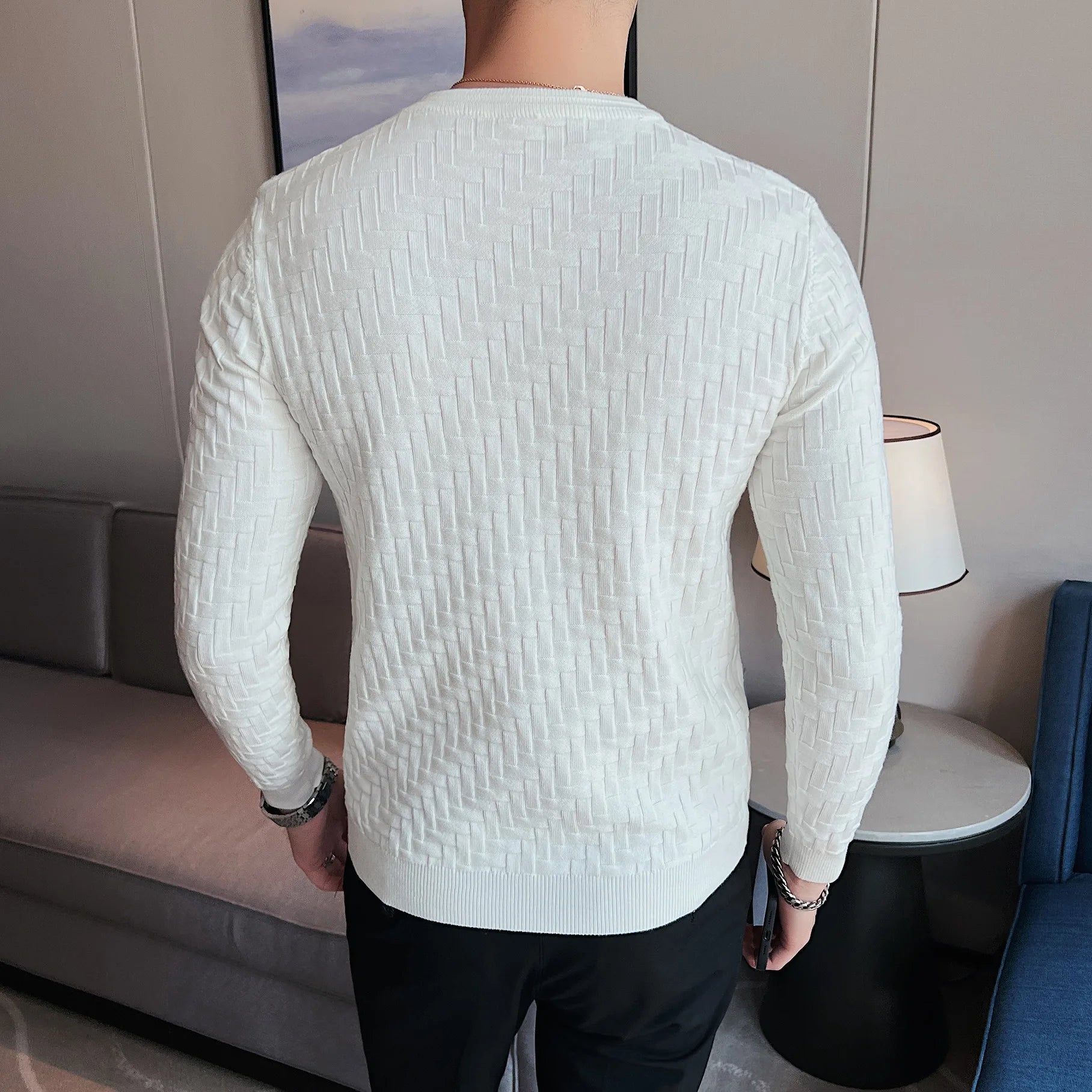 2023 Stretchable Jacquard Woven Winter Crew Neck Sweater Men's Slim Fit Pullover Knitwear Blue, Fashionable Check Pattern