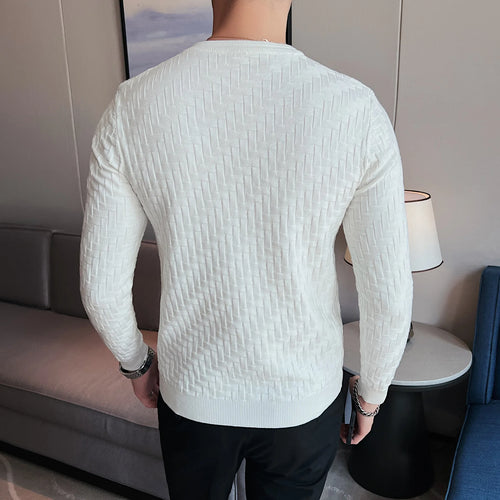 2023 Stretchable Jacquard Woven Winter Crew Neck Sweater Men's Slim Fit Pullover Knitwear Blue, Fashionable Check Pattern