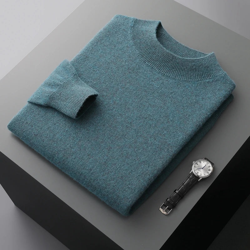 100% Pure Cashmere Sweater Men's Half High Collar Solid Color Pullover Fashion New Knit Undercoat  Autumn and Winter Long Sleeve