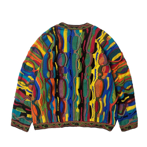 ABOORUN Men's 3D Bitter Melon Pattern Contrast Color Sweaters Heavy Industrial Pullover Knitwear for Male