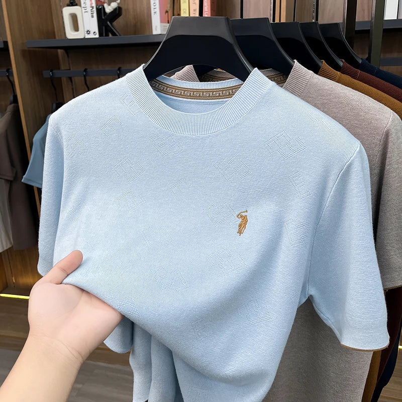 High-end Men's Crew Neck Knitted Sweater Casual Embroidered Trendy Base Shirt Short-sleeve T-shirt Solid Color Top for Summer