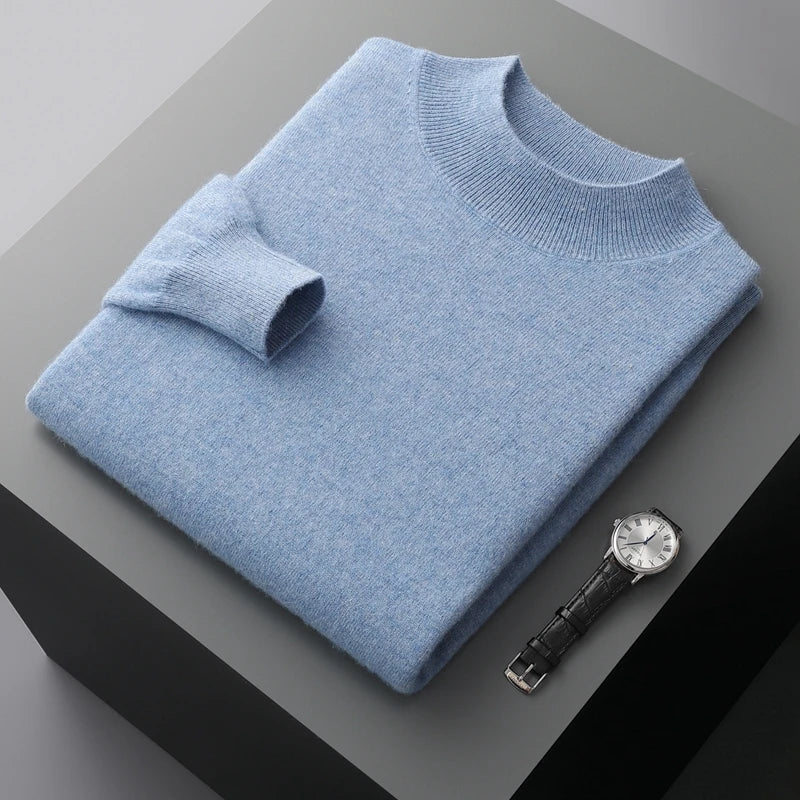 100% Pure Cashmere Sweater Men's Half High Collar Solid Color Pullover Fashion New Knit Undercoat  Autumn and Winter Long Sleeve