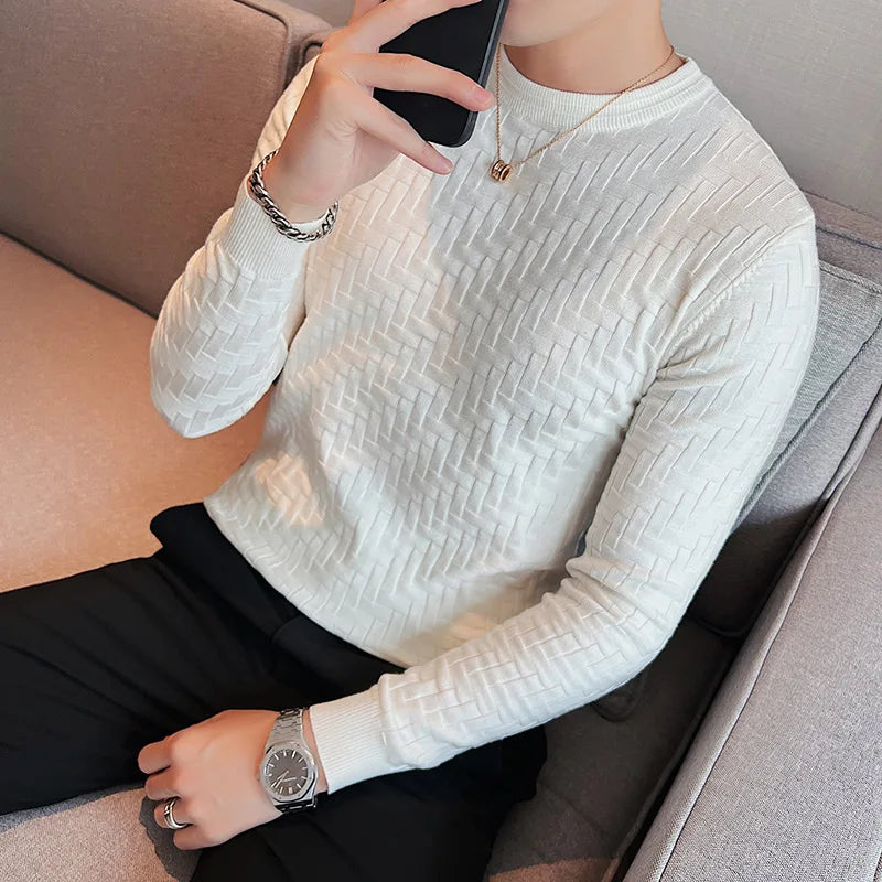 2023 Stretchable Jacquard Woven Winter Crew Neck Sweater Men's Slim Fit Pullover Knitwear Blue, Fashionable Check Pattern